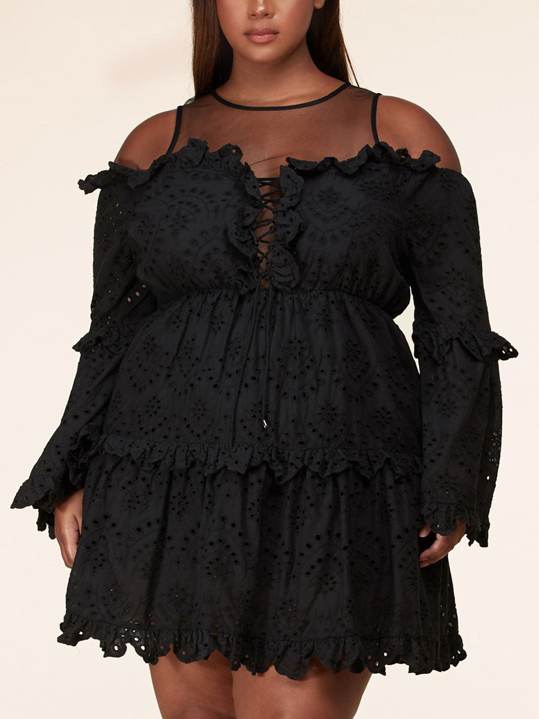PLUS SIZE LONG BELL SLEEVES RUFFLE EYELET DETAILED MINI DRESS