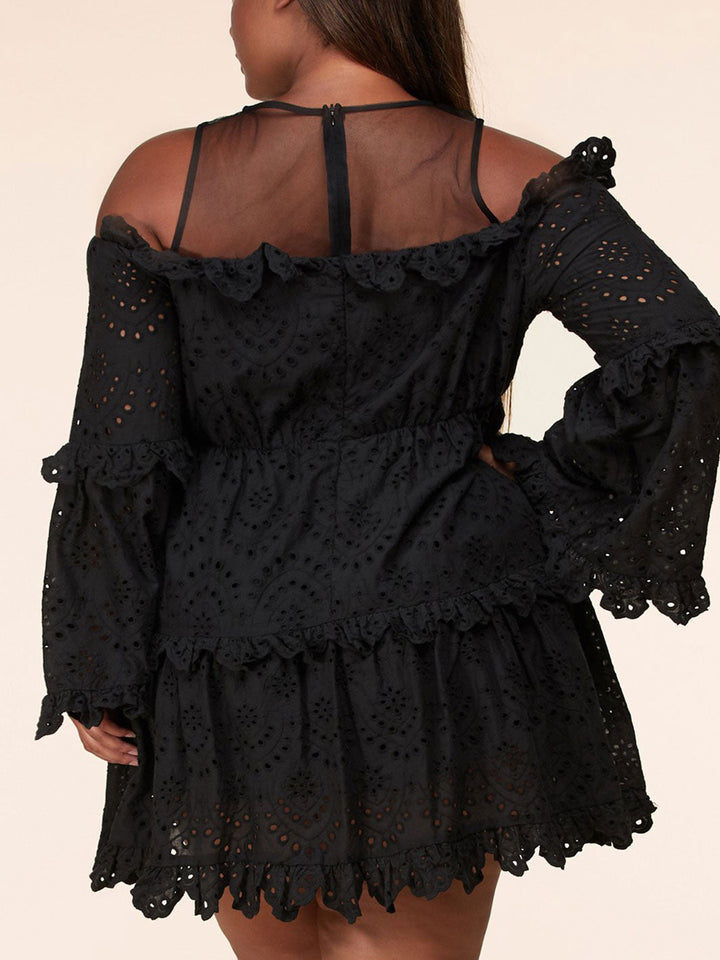 PLUS SIZE LONG BELL SLEEVES RUFFLE EYELET DETAILED MINI DRESS