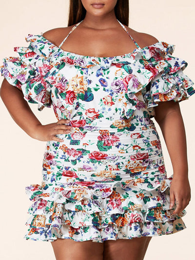 PLUS OFF SHOULDER RUFFLE FLORAL MINI DRESS