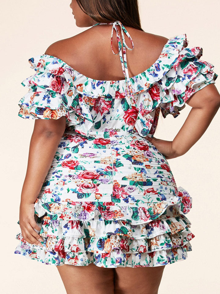 PLUS OFF SHOULDER RUFFLE FLORAL MINI DRESS