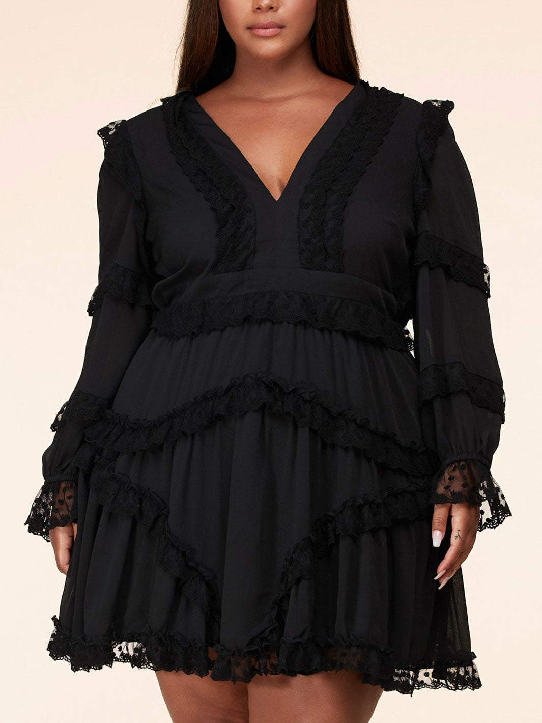 PLUS SIZE LONG SLEEVE V-NECK RUFFLE BACK LACE UP MINI DRESS