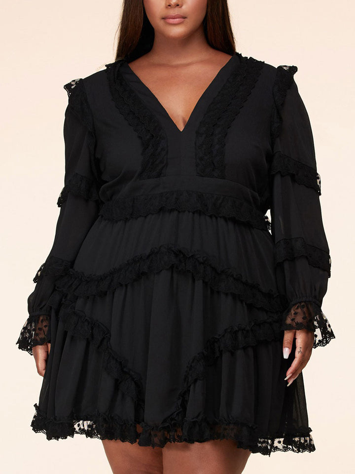 PLUS SIZE LONG SLEEVE V-NECK RUFFLE BACK LACE UP MINI DRESS