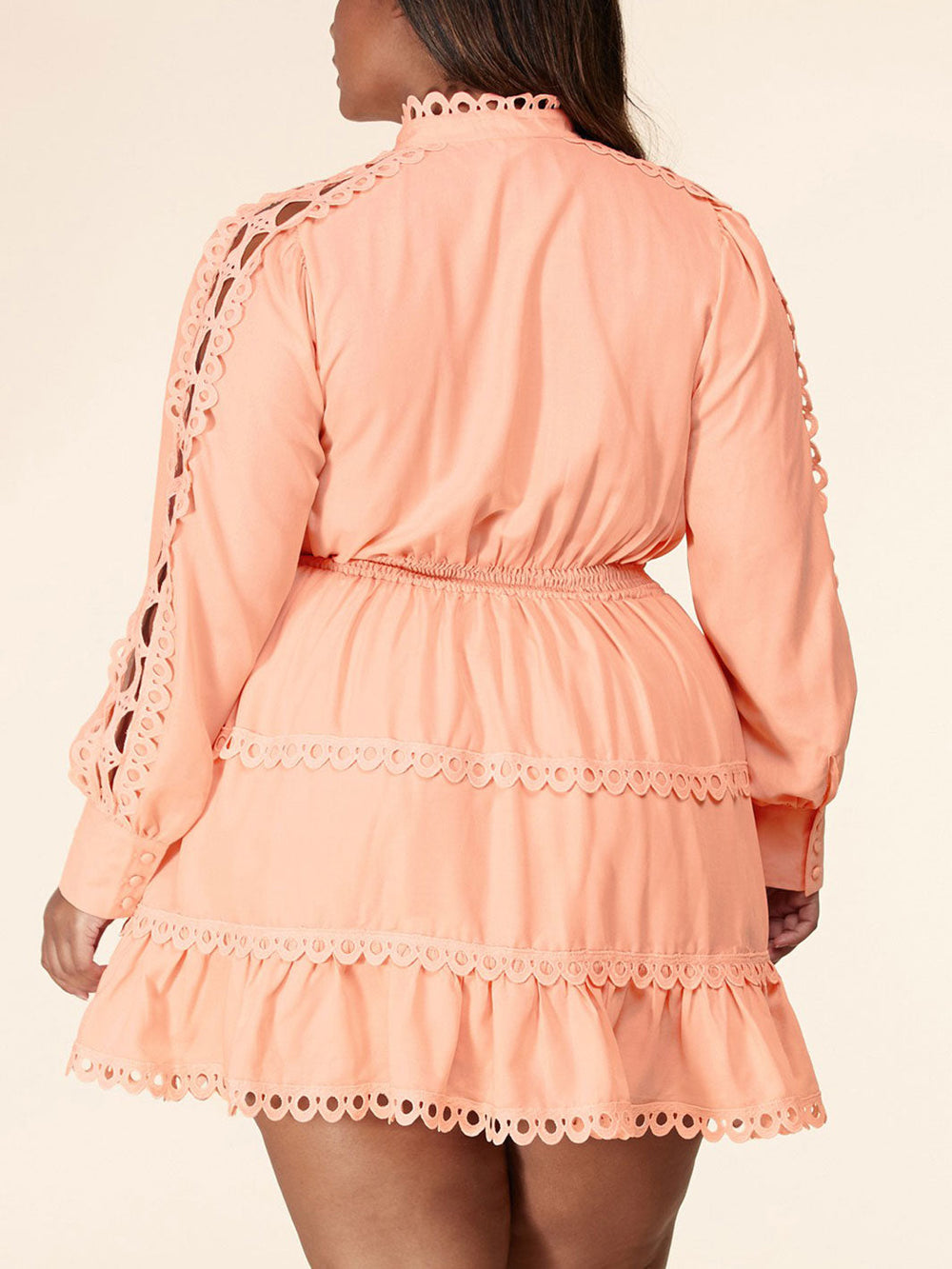 PLUS SIZE LONG SLEEVE SMOCK WAIST EYELET DETAIL MINI DRESS