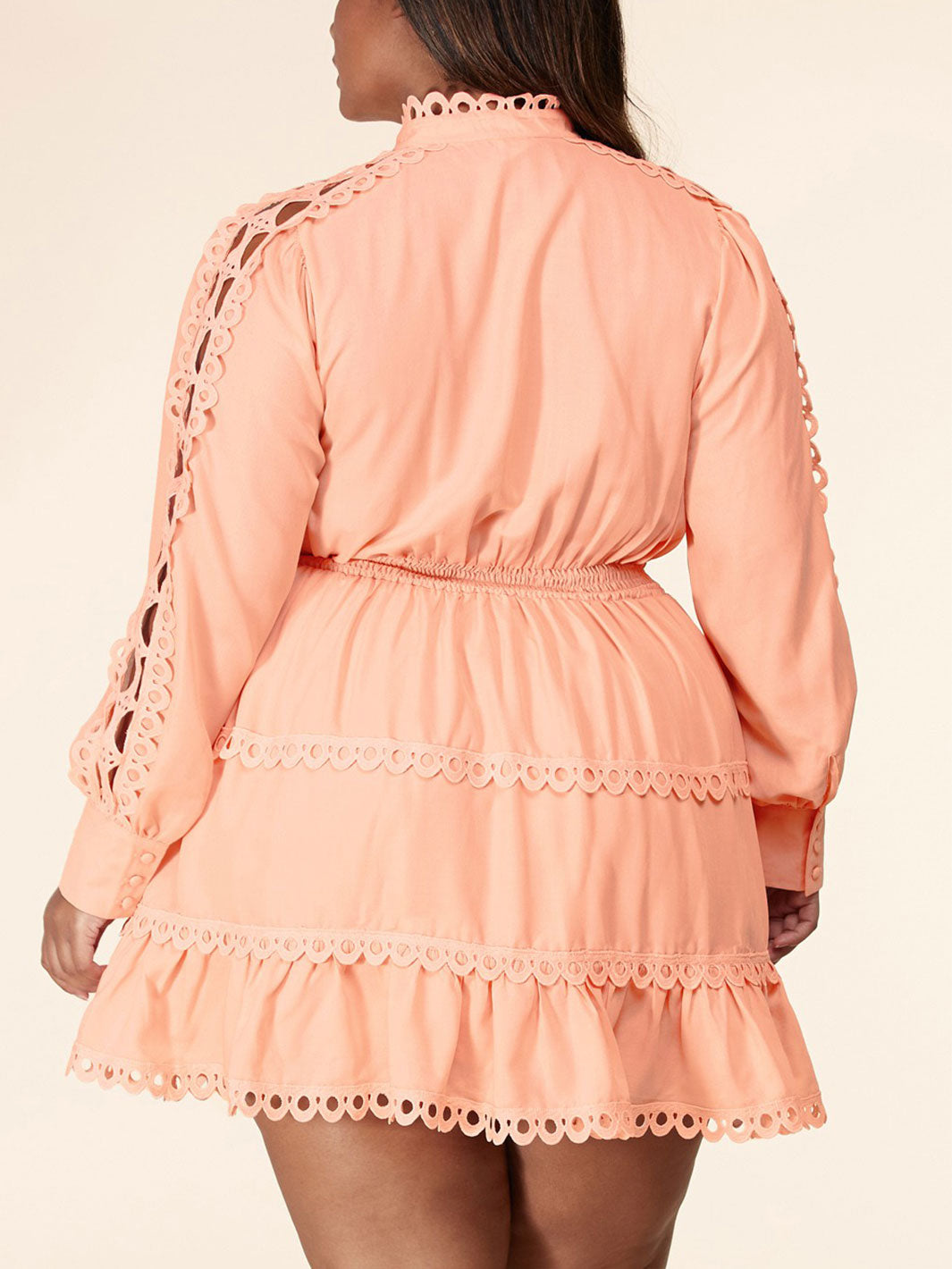 PLUS SIZE LONG SLEEVE SMOCK WAIST EYELET DETAIL MINI DRESS