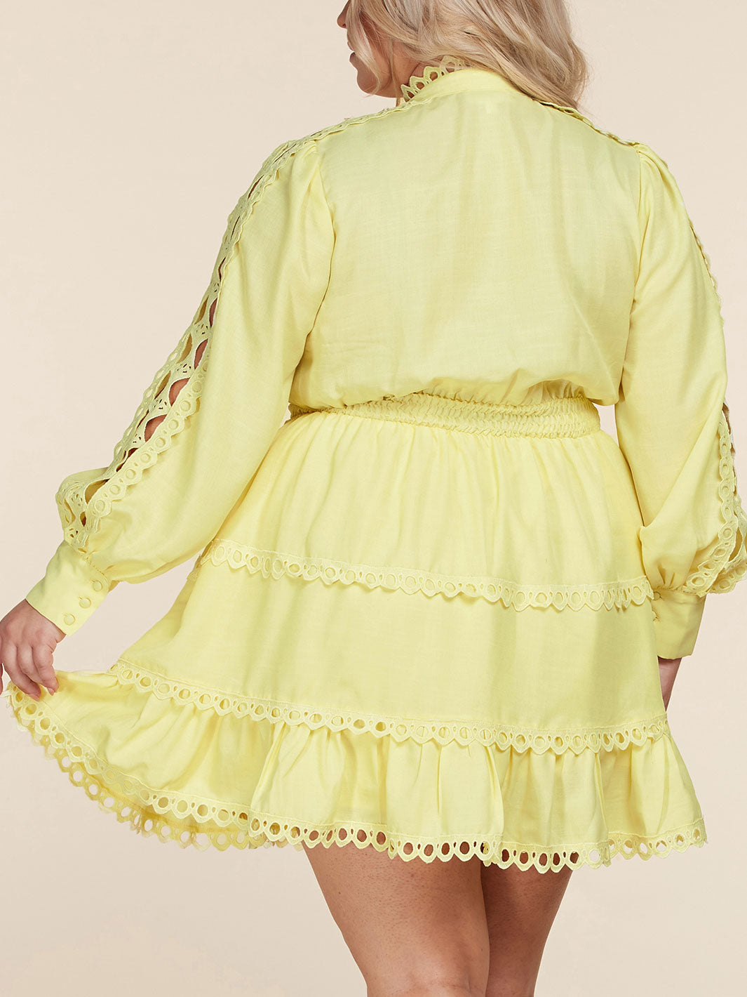 PLUS SIZE LONG SLEEVE SMOCK WAIST EYELET DETAIL MINI DRESS
