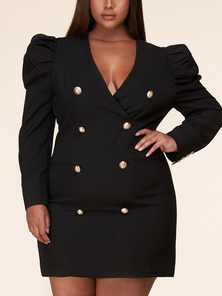 PLUS SIZE LONG PUFF SLEEVE V-NECK BUTTON DETAILED BODYCON MINI DRESS