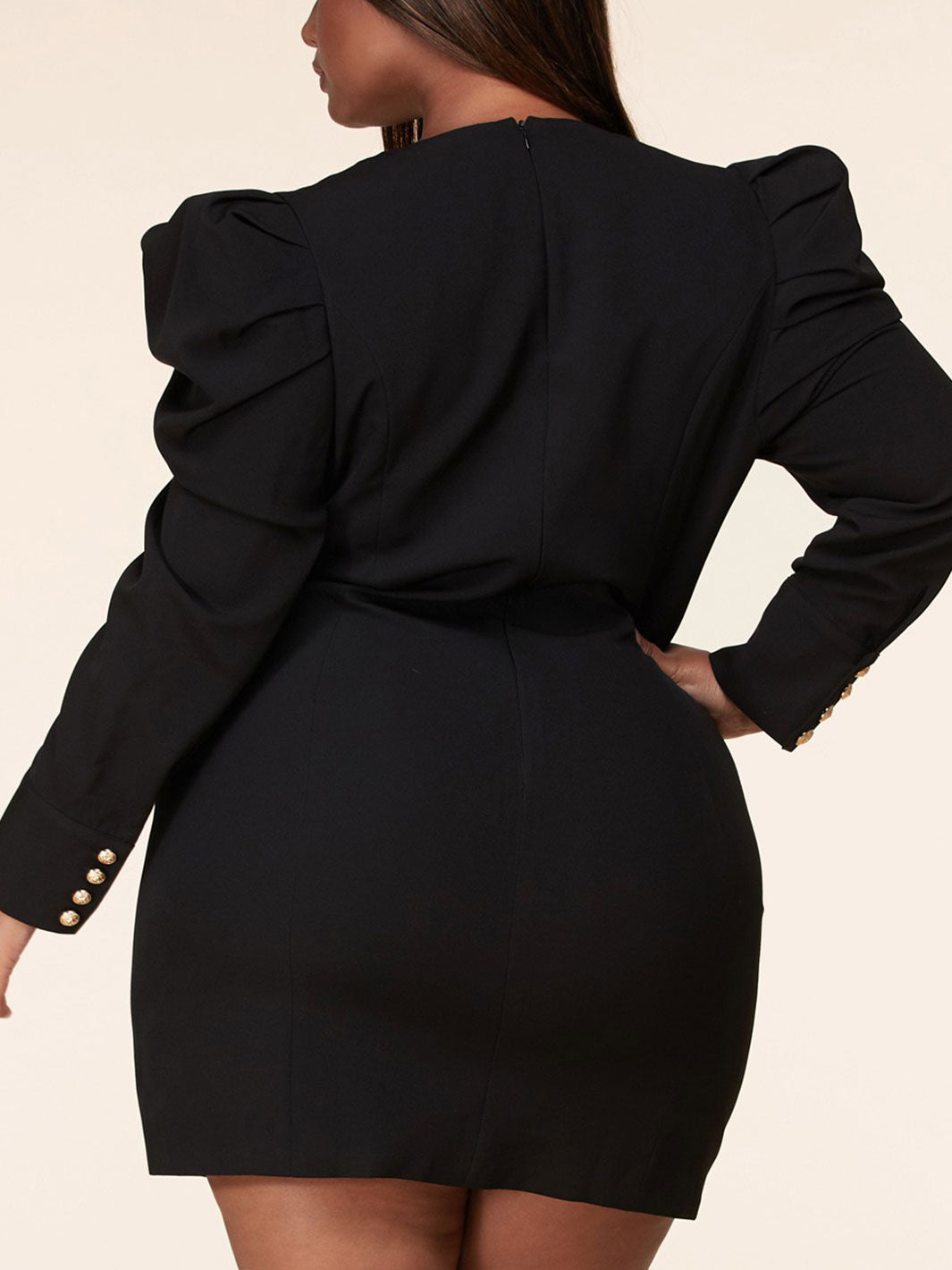 PLUS SIZE LONG PUFF SLEEVE V-NECK BUTTON DETAILED BODYCON MINI DRESS