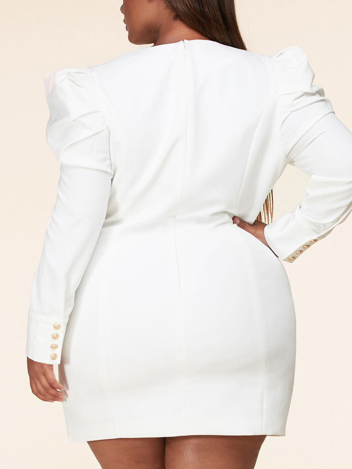 PLUS SIZE LONG PUFF SLEEVE V-NECK BUTTON DETAILED BODYCON MINI DRESS