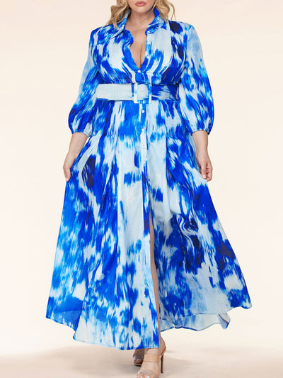 PLUS SIZE LONG SLEEVE BUTTON UP TIE DYE WITH BELT MAXI DRESS