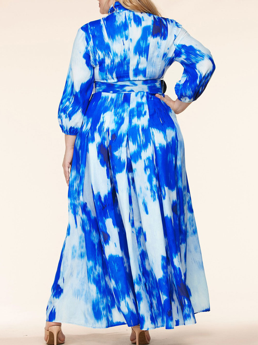 PLUS SIZE LONG SLEEVE BUTTON UP TIE DYE WITH BELT MAXI DRESS