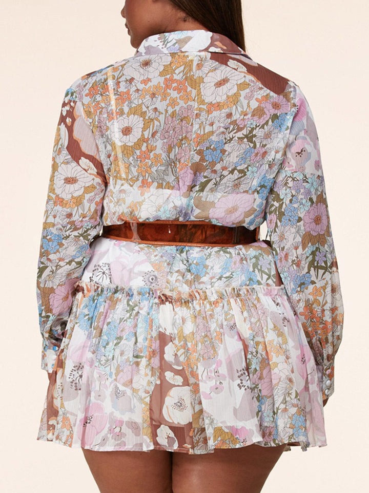 Copy of PLUS SIZE LONG PUFF SLEEVE BUTTON UP BELTED FLORAL MINI DRESS