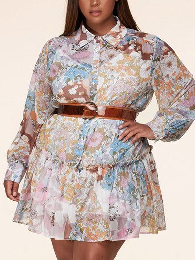 Copy of PLUS SIZE LONG PUFF SLEEVE BUTTON UP BELTED FLORAL MINI DRESS