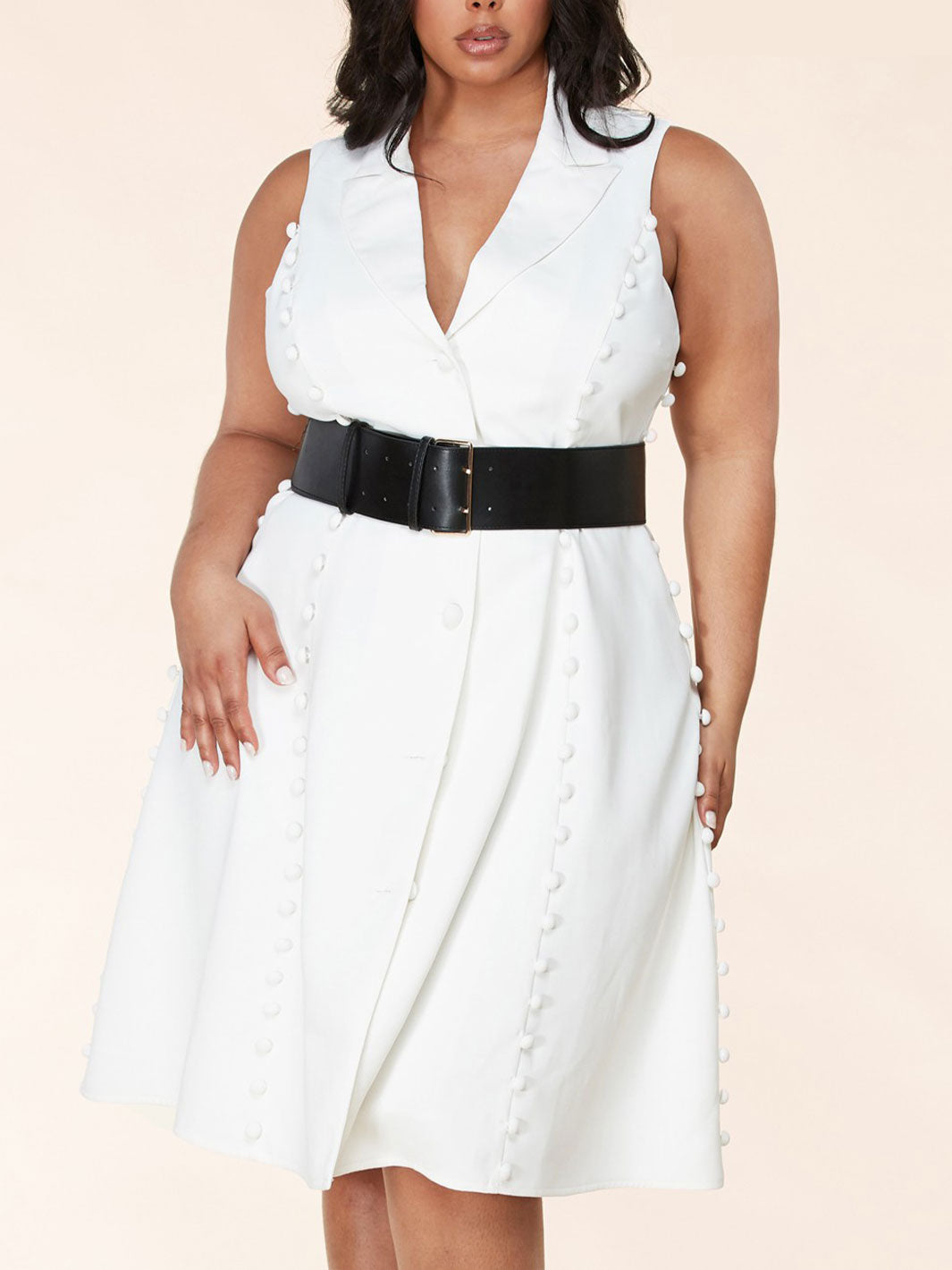 PLUS SIZE SLEEVELESS V-NECK FRONT DETAILED WITH BELT MINI DRESS