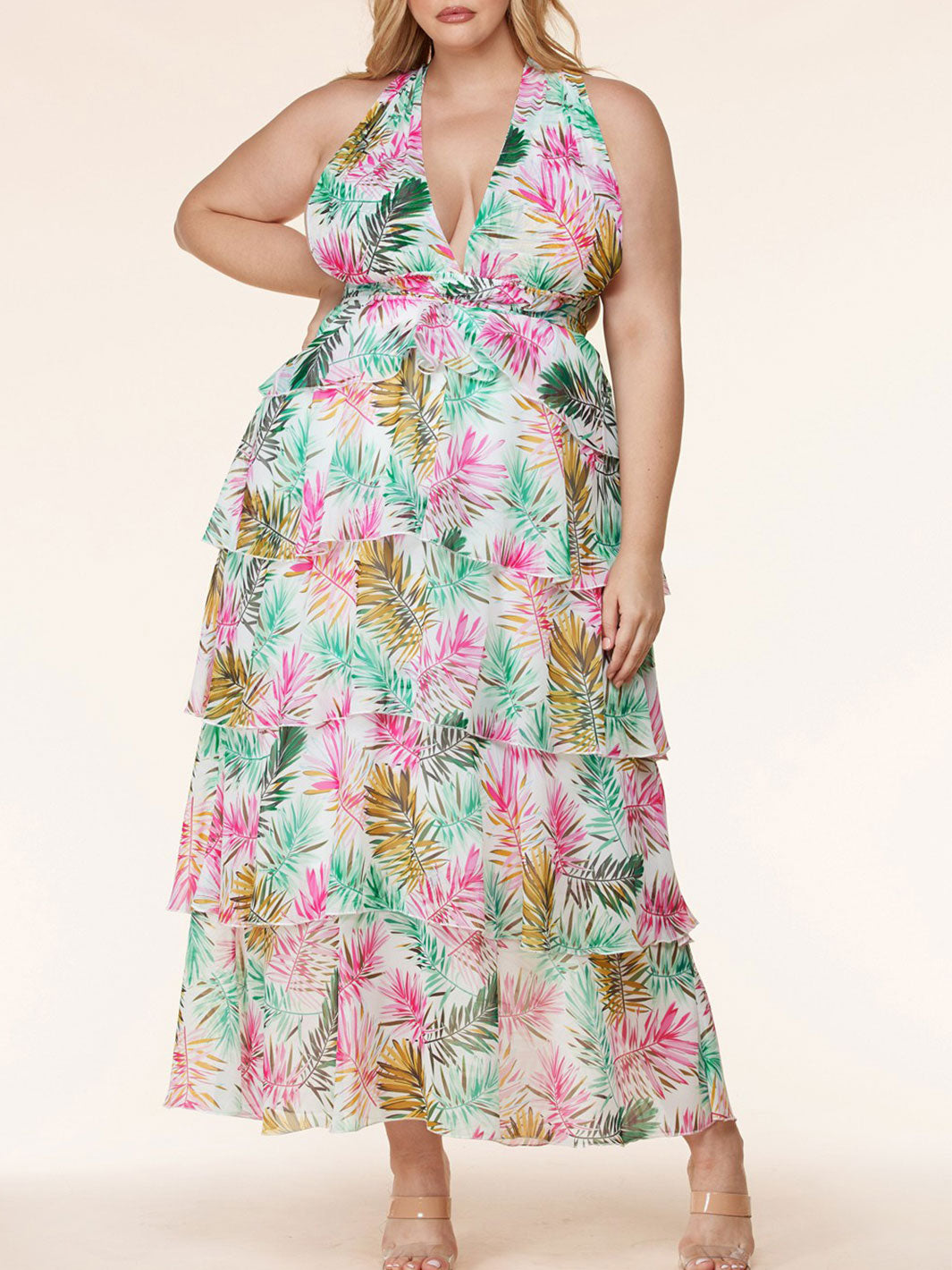 PLUS SIZE SLEEVELESS V-NECK CROSS BACK FLORAL MAXI DRESS