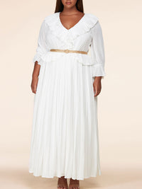 PLUS SIZE LONG SLEEVE V-NECK RUFFLE WITH CHAIN BELT MAXI DRESS