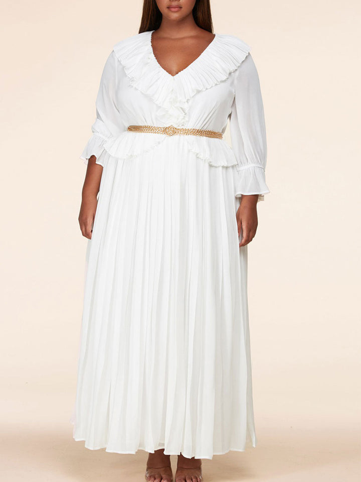 PLUS SIZE LONG SLEEVE V-NECK RUFFLE WITH CHAIN BELT MAXI DRESS