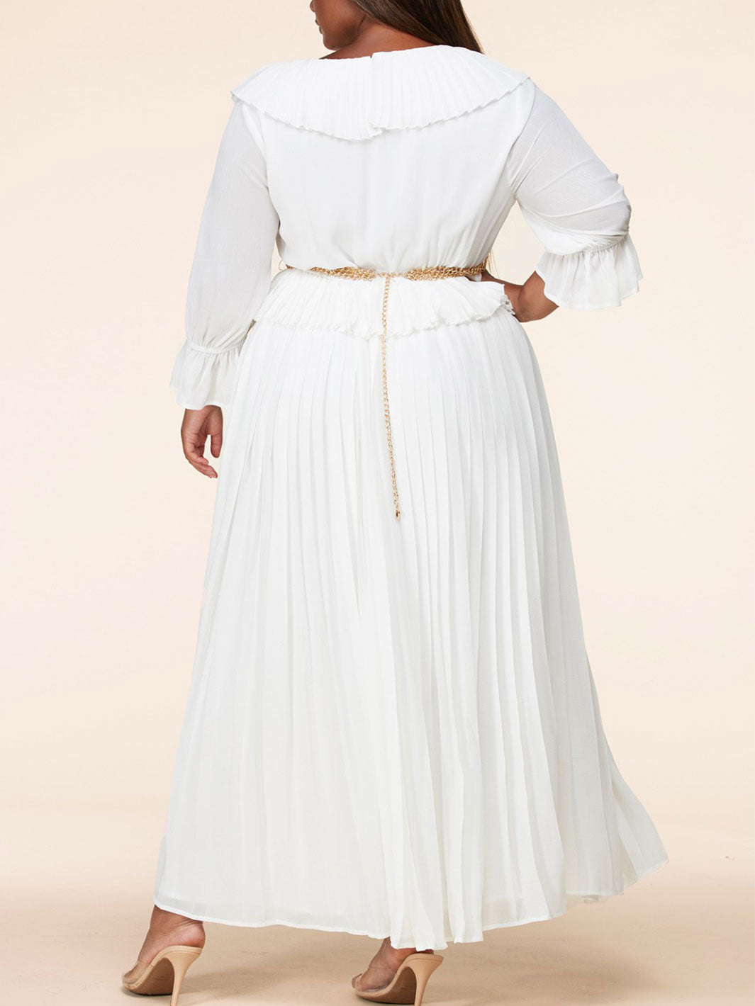 PLUS SIZE LONG SLEEVE V-NECK RUFFLE WITH CHAIN BELT MAXI DRESS