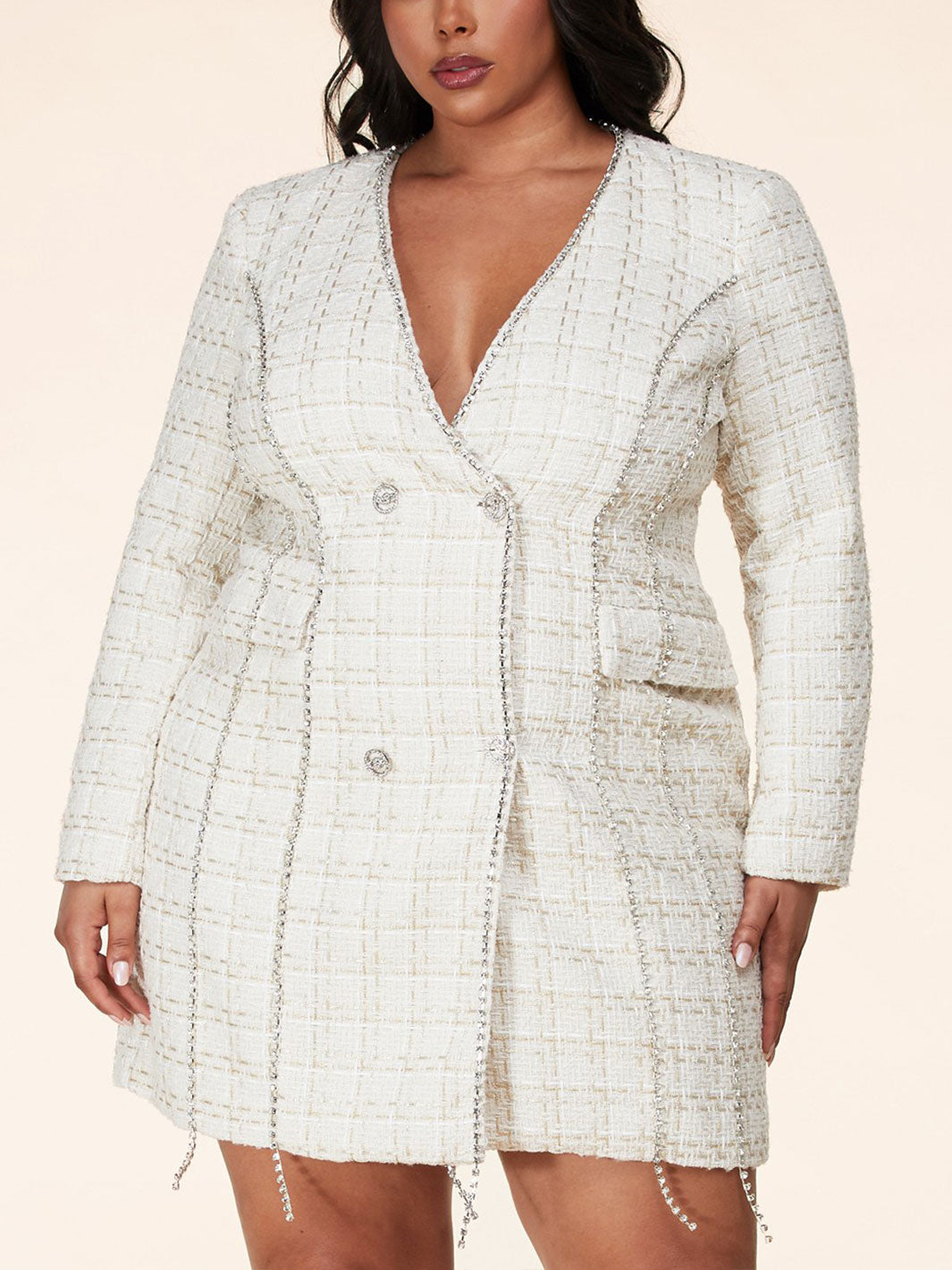 PLUS SIZE LONG SLEEVE BUTTON FRONT STUDS DETAILED MINI DRESS