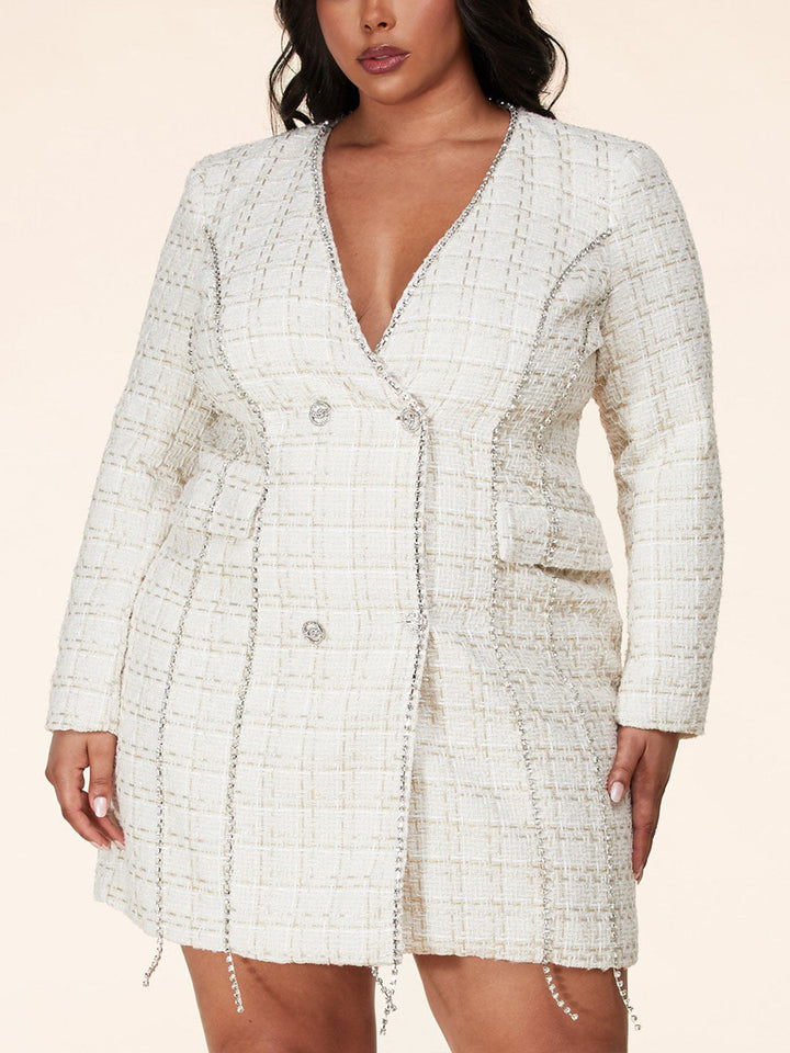 PLUS SIZE LONG SLEEVE BUTTON FRONT STUDS DETAILED MINI DRESS