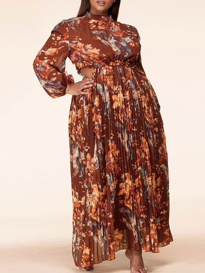 PLUS SIZE LONG SLEEVE SIDE CUT OUT PLEATED FLORAL MAXI DRESS