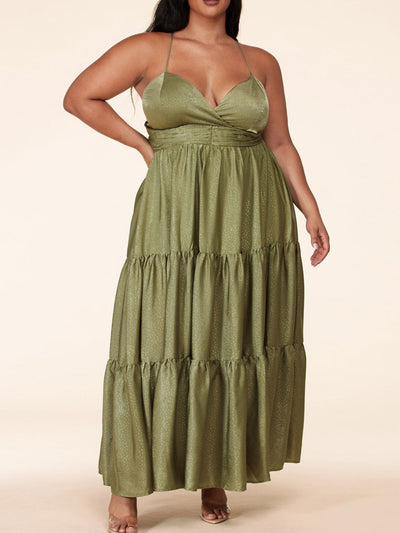 PLUS SIZE SLEEVELES BACK TIE V-NECK DOTTED TIERED MAXI DRESS