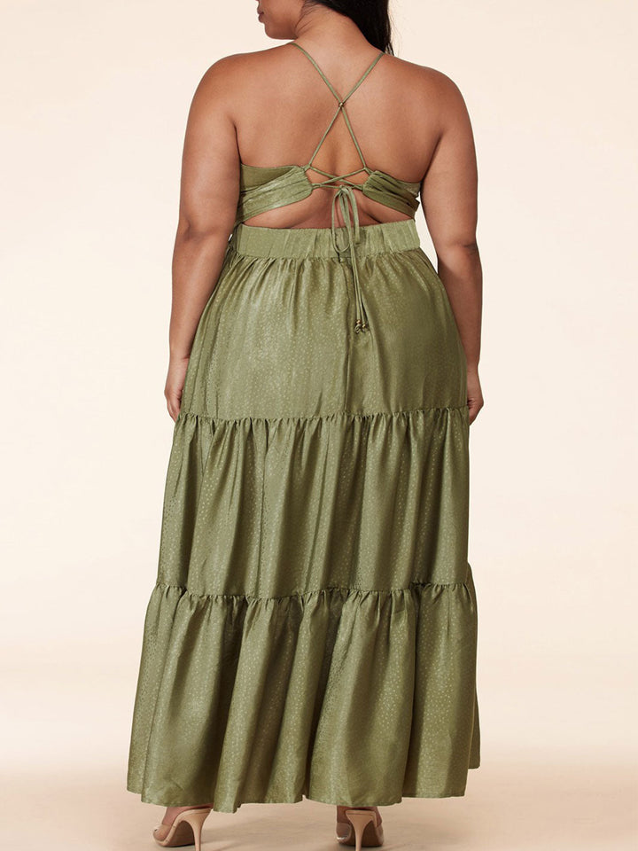 PLUS SIZE SLEEVELES BACK TIE V-NECK DOTTED TIERED MAXI DRESS