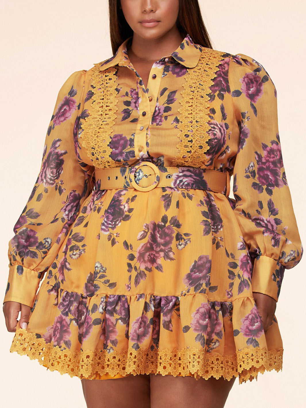 PLUS SIZE LONG SLEEVE DLORAL PRINT EYELET MINI DRESS