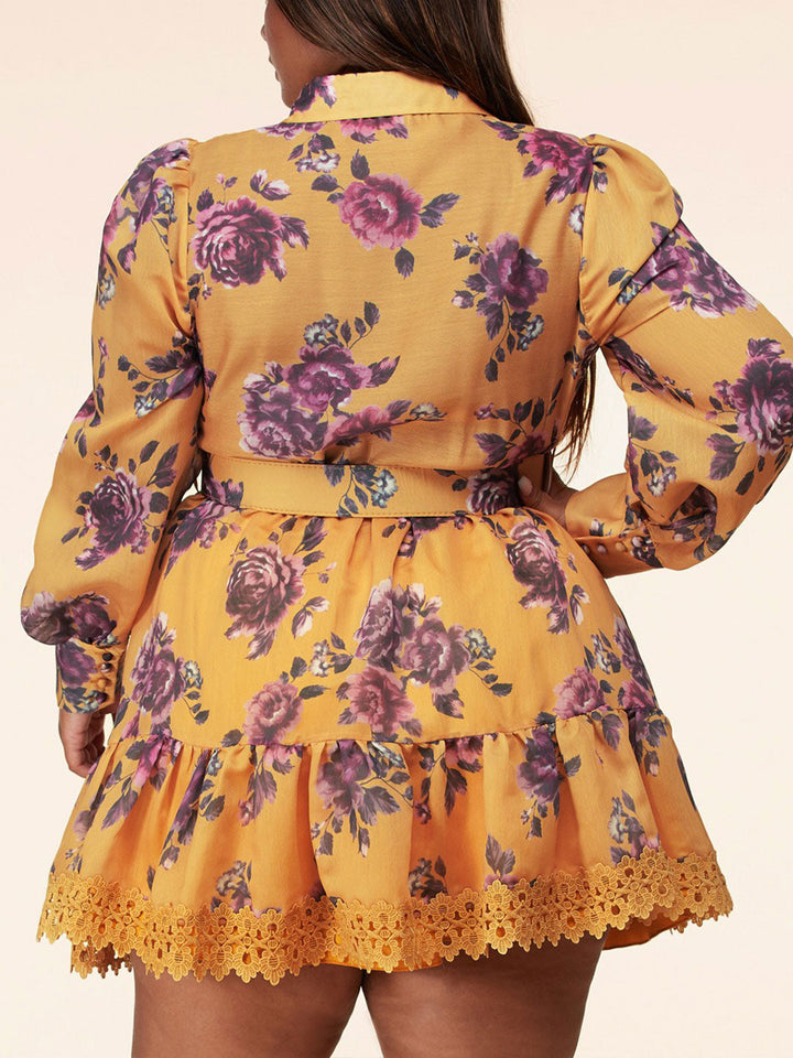 PLUS SIZE LONG SLEEVE DLORAL PRINT EYELET MINI DRESS
