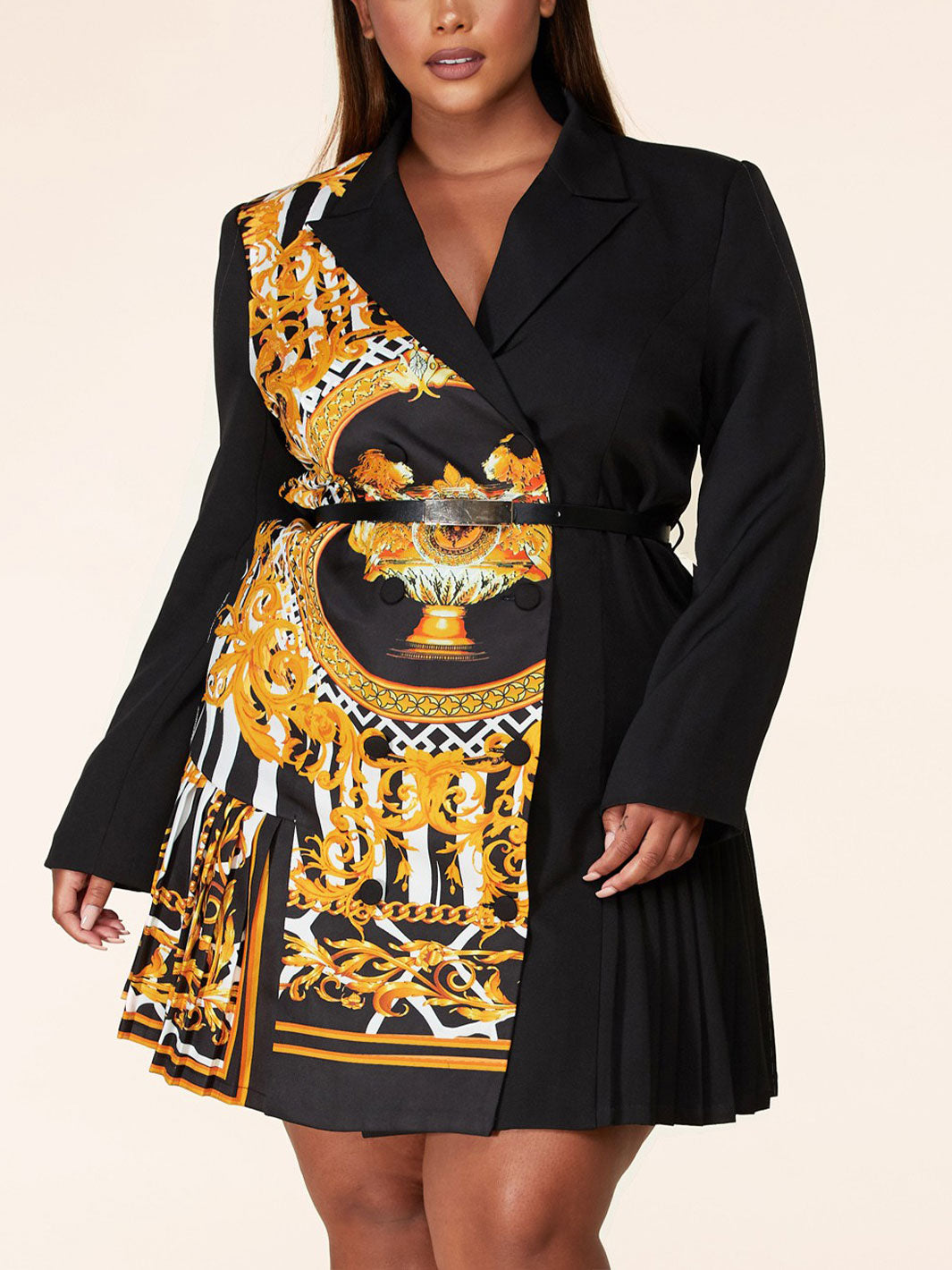 PLUS SIZE LONG SLEEVE BUTTON DOWN FRONT PRINT MINI DRESS