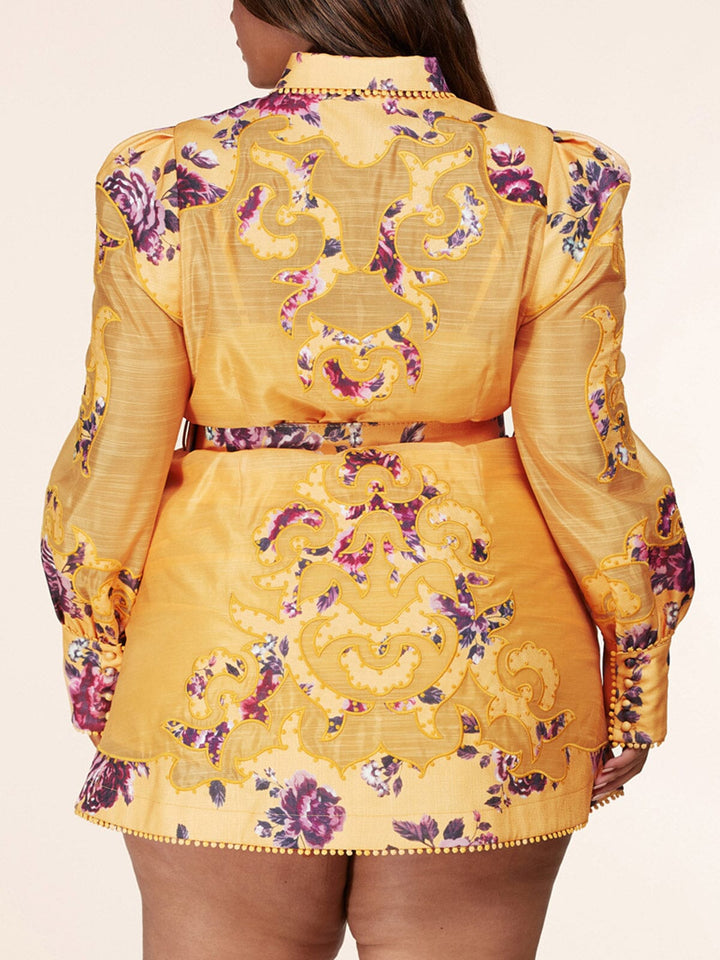 PLUS SIZE LONG PUFF SLEEVE BUTTON UP BELTED FLORAL MINI DRESS