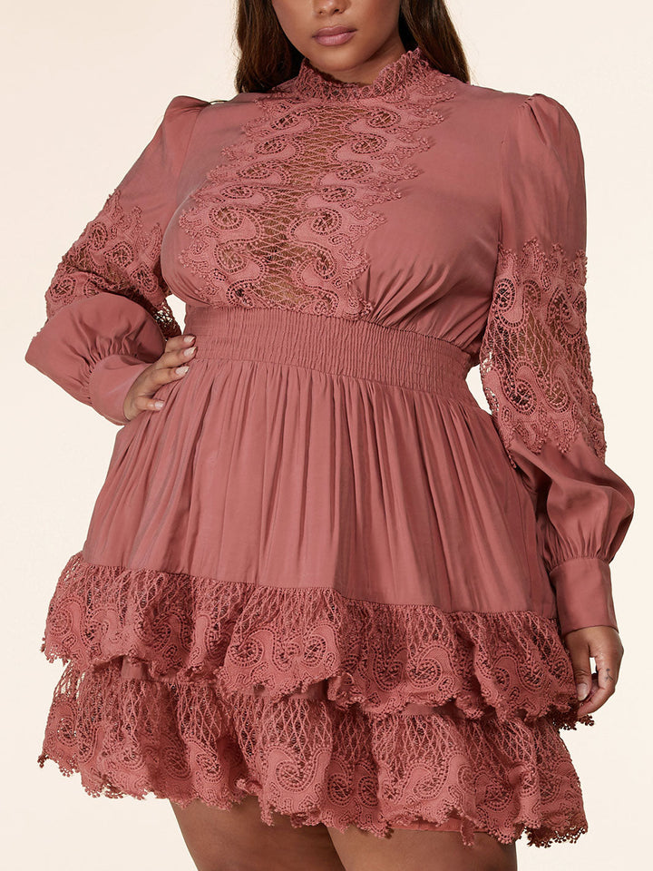 PLUS SIZE LONG PUFF SLEEVES RUFFLE LACE DETAILED MINI DRESS