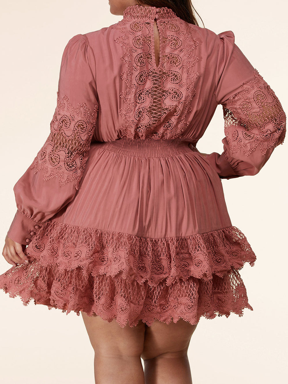 PLUS SIZE LONG PUFF SLEEVES RUFFLE LACE DETAILED MINI DRESS