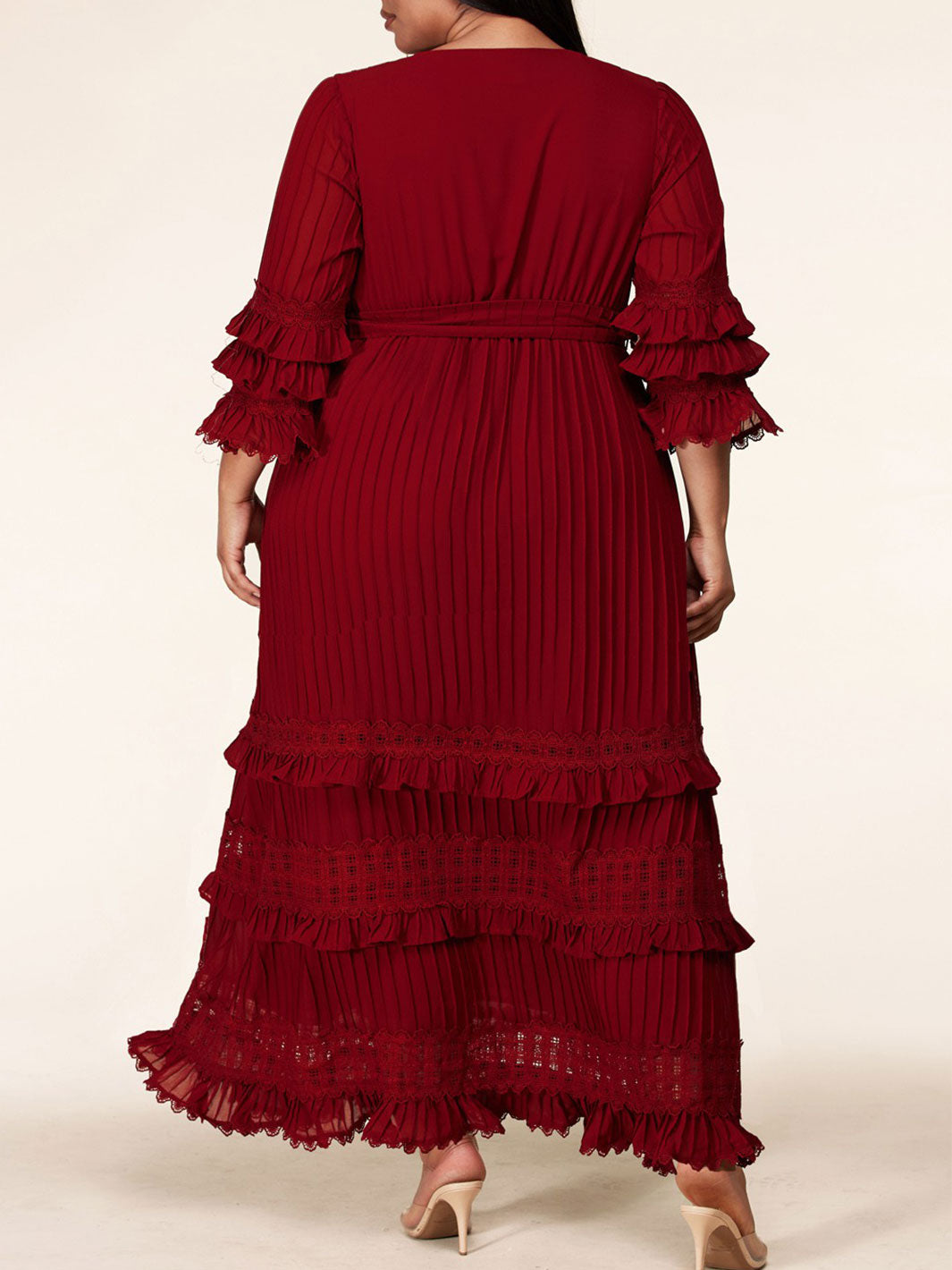 PLUS SIZE 3/4 SLEEVE V-NECK PLEATED CROCHET DETAIL RUFFLE MAXI DRESS