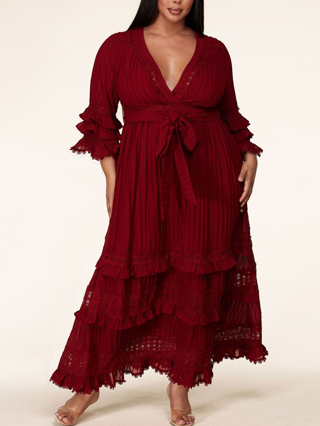 PLUS SIZE 3/4 SLEEVE V-NECK PLEATED CROCHET DETAIL RUFFLE MAXI DRESS