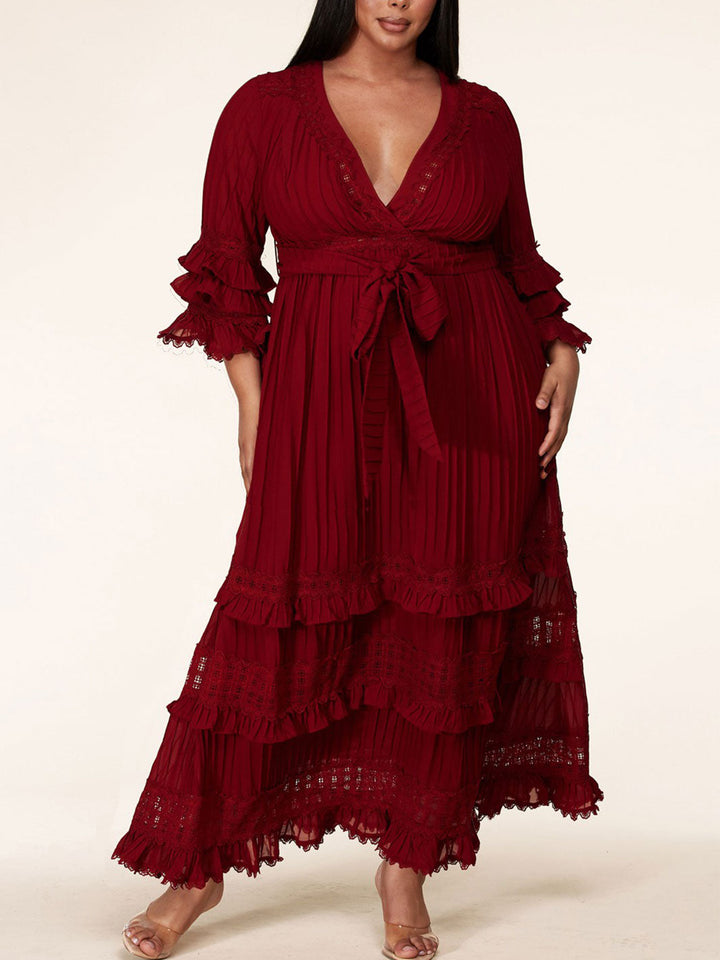 PLUS SIZE 3/4 SLEEVE V-NECK PLEATED CROCHET DETAIL RUFFLE MAXI DRESS