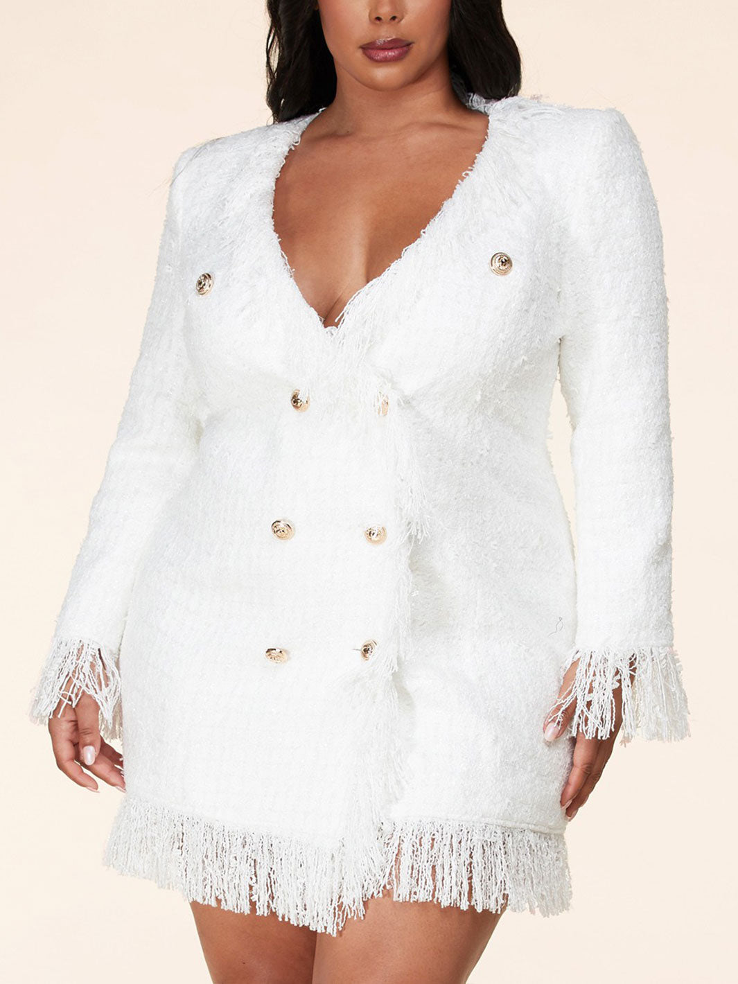 PLUS SIZE LONG SLEEVE V-NECK BUTTON UP BODYCON MINI DRESS