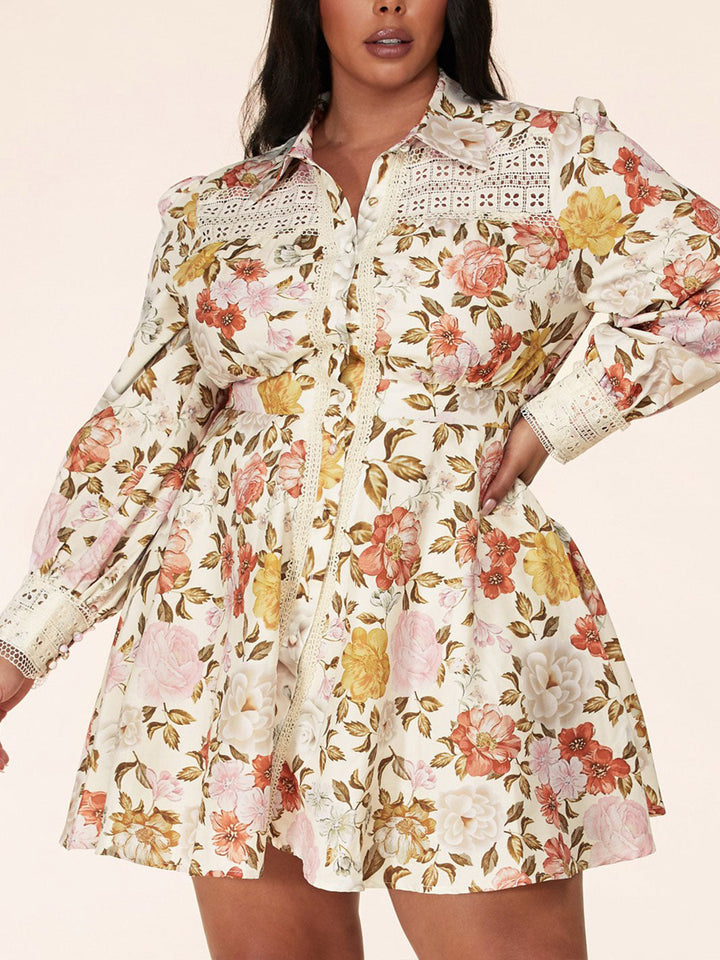 PLUS SIZE LONG SLEEVE BUTTON UP FLORAL MINI DRESS