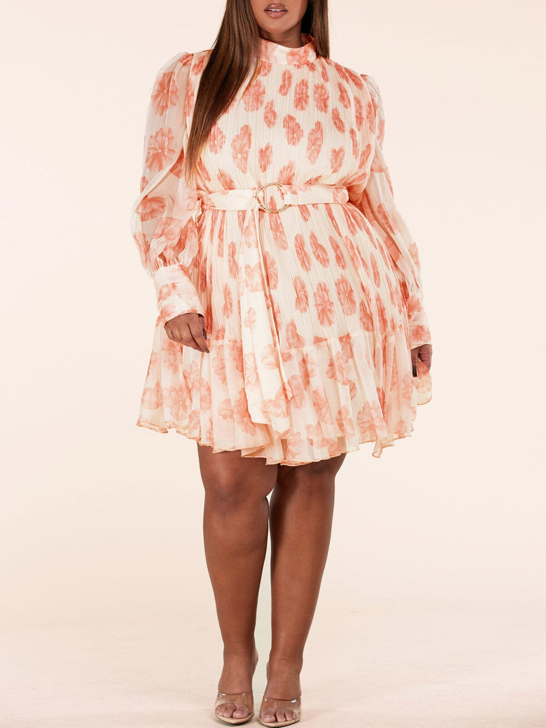 PLUS SIZE LONG SLEEVE MOCK NECK BELTED FLORAL MINI DRESS