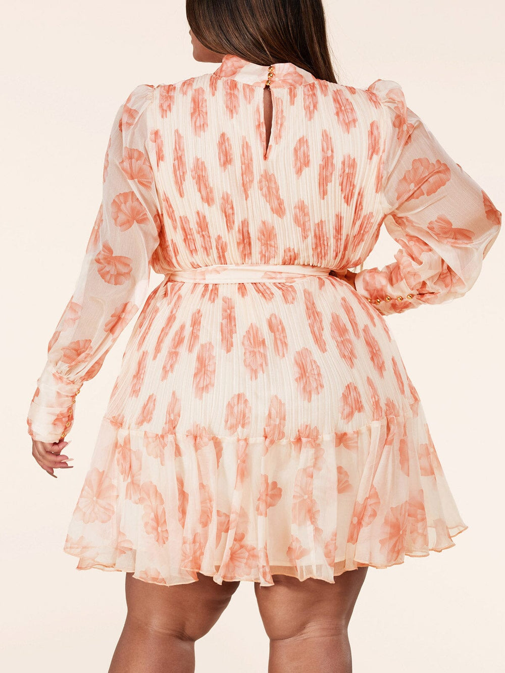 PLUS SIZE LONG SLEEVE MOCK NECK BELTED FLORAL MINI DRESS