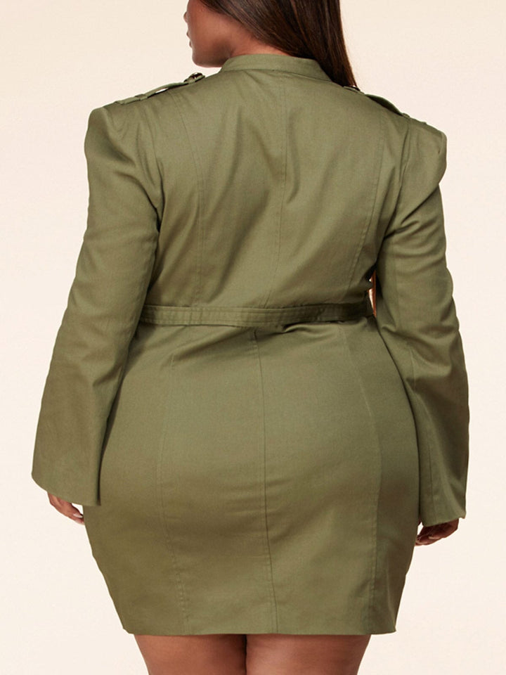 PLUS SIZE LONG PUFF SLEEVE BUTTON UP MINI DRESS