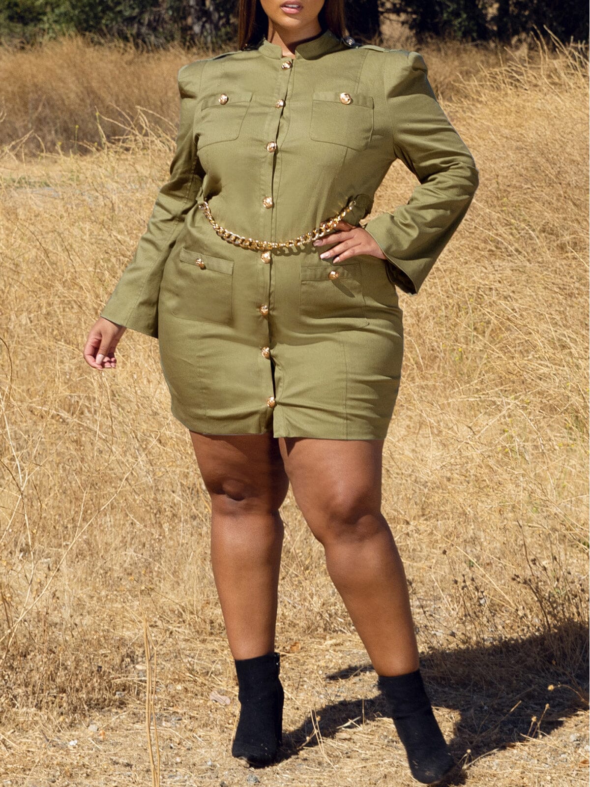 PLUS SIZE LONG PUFF SLEEVE BUTTON UP MINI DRESS