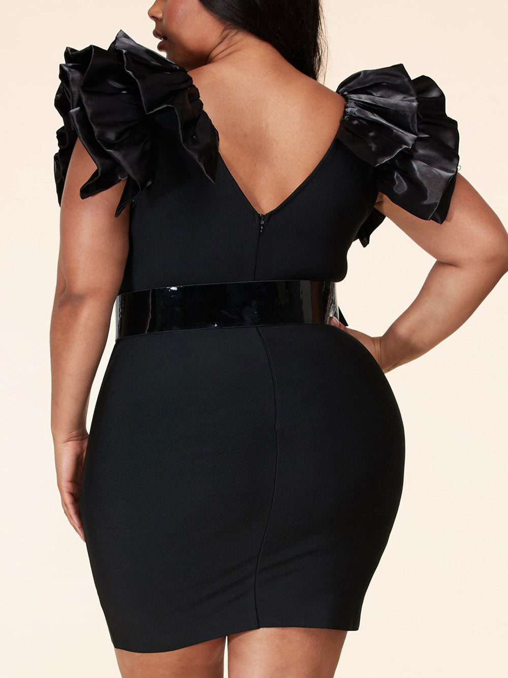 PLUS SIZE SHORT RUFFLE SLEEVE V-NECKWITH BELT MINI DRESS