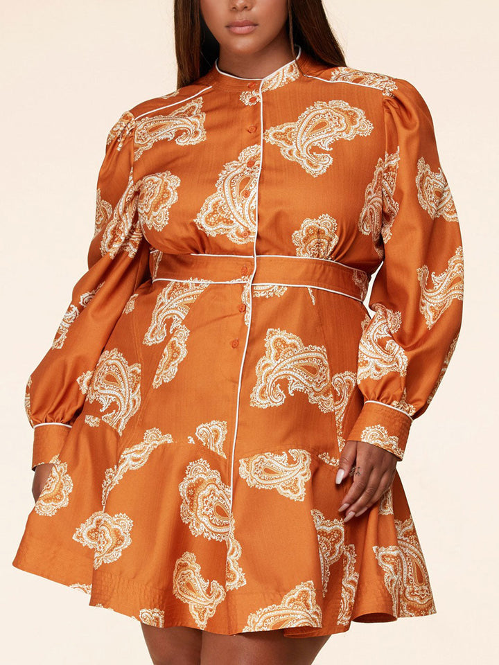 PLUS SIZE LONG SLEEVE PASILEY PRINT BUTTON UP MINI DRESS
