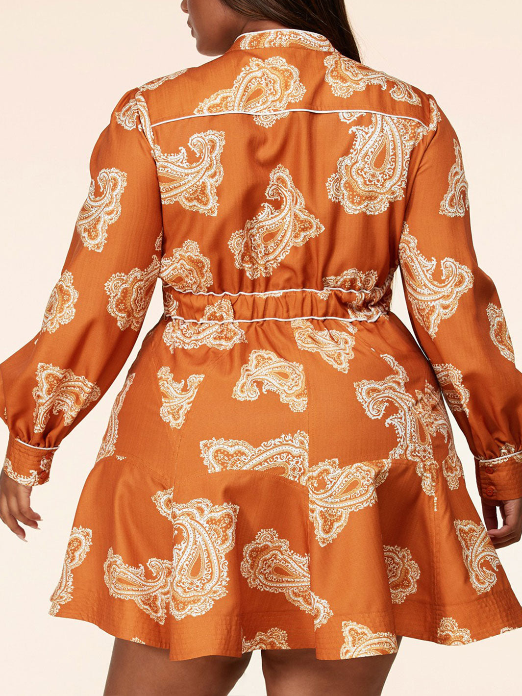 PLUS SIZE LONG SLEEVE PASILEY PRINT BUTTON UP MINI DRESS