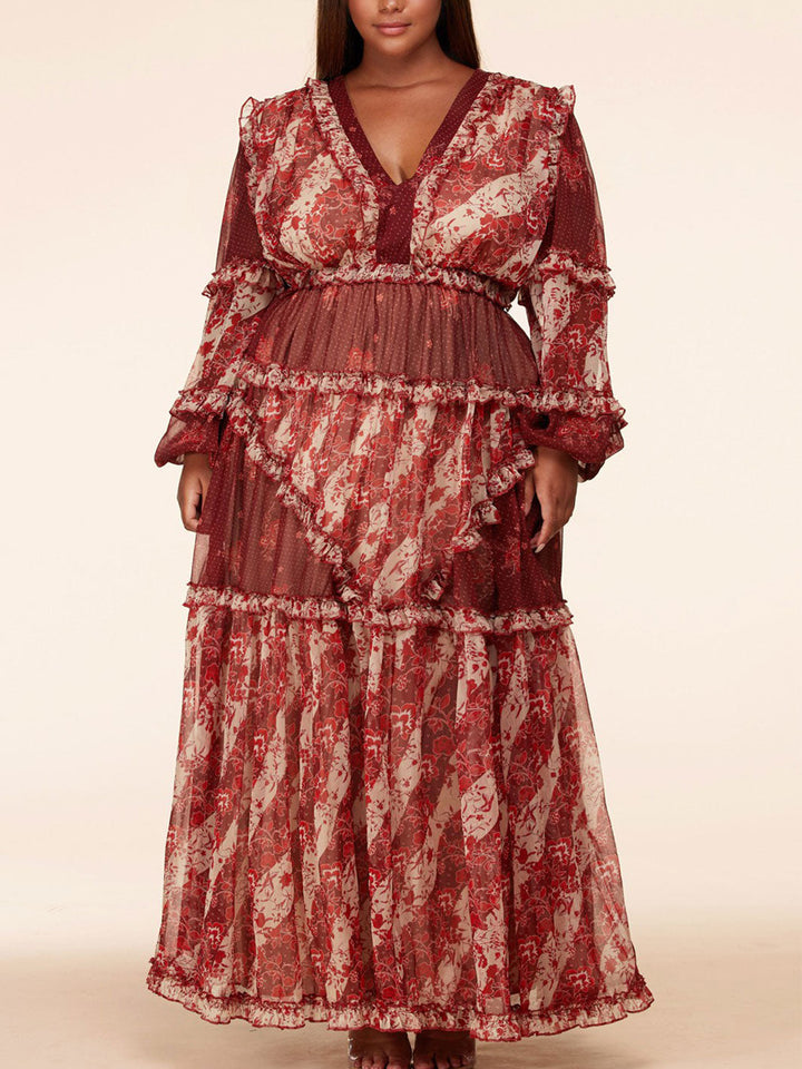 PLUS SIZE LONG SLEEVE V-NECK RUFFLE WITH BACK DETAIL MAXI DRESS