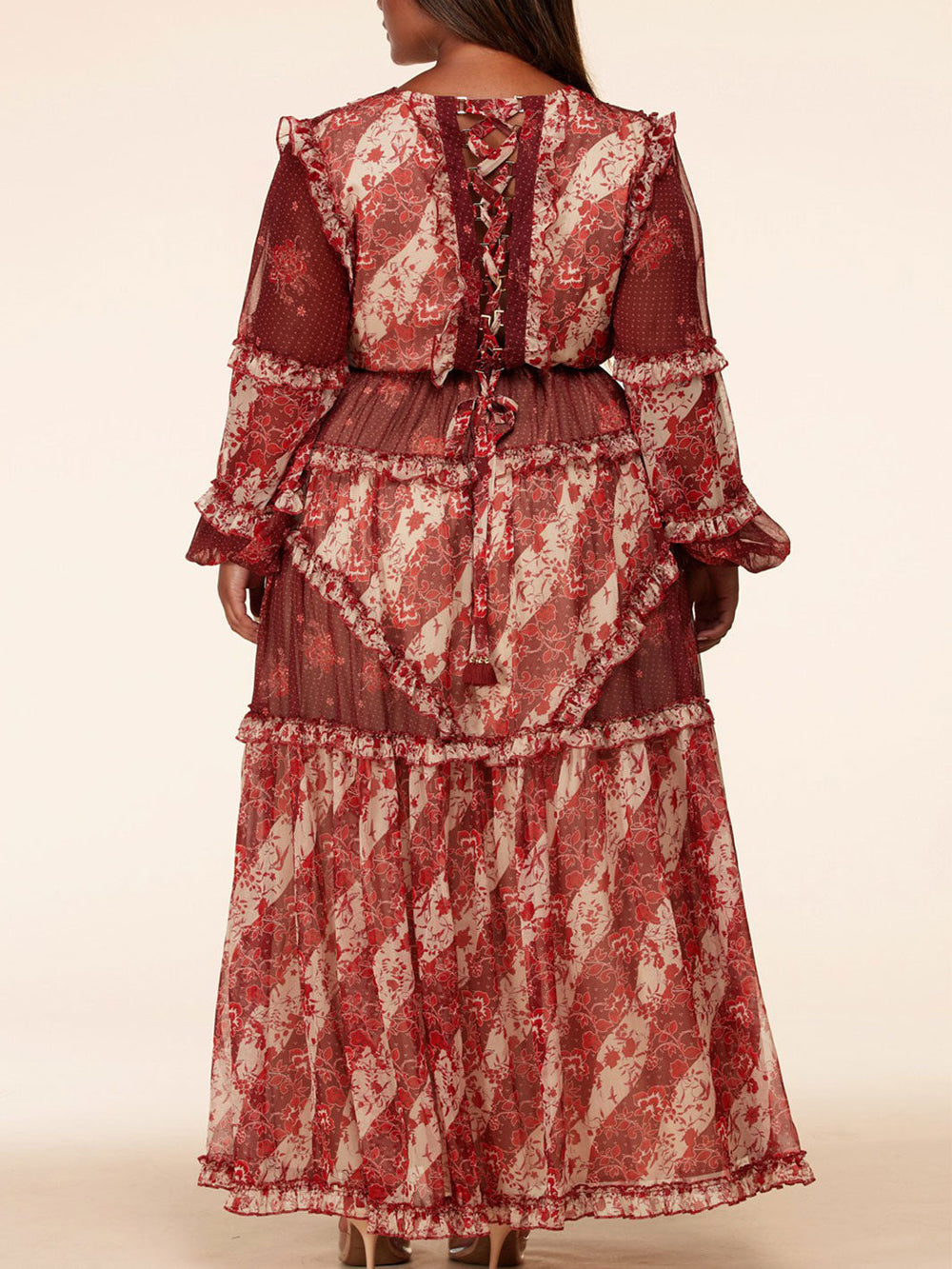 PLUS SIZE LONG SLEEVE V-NECK RUFFLE WITH BACK DETAIL MAXI DRESS