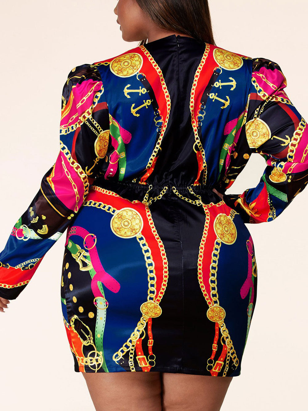 PLUS SIZE LONG SLEEVE V-NECK MULTI PRINT BODYCON MINI DRESS