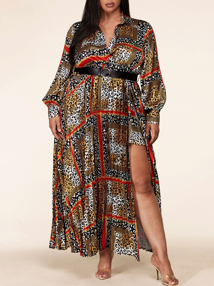 PLUS SIZE LONG SLEEVE MULTI PRINT WITH BELT MAXI DRESS