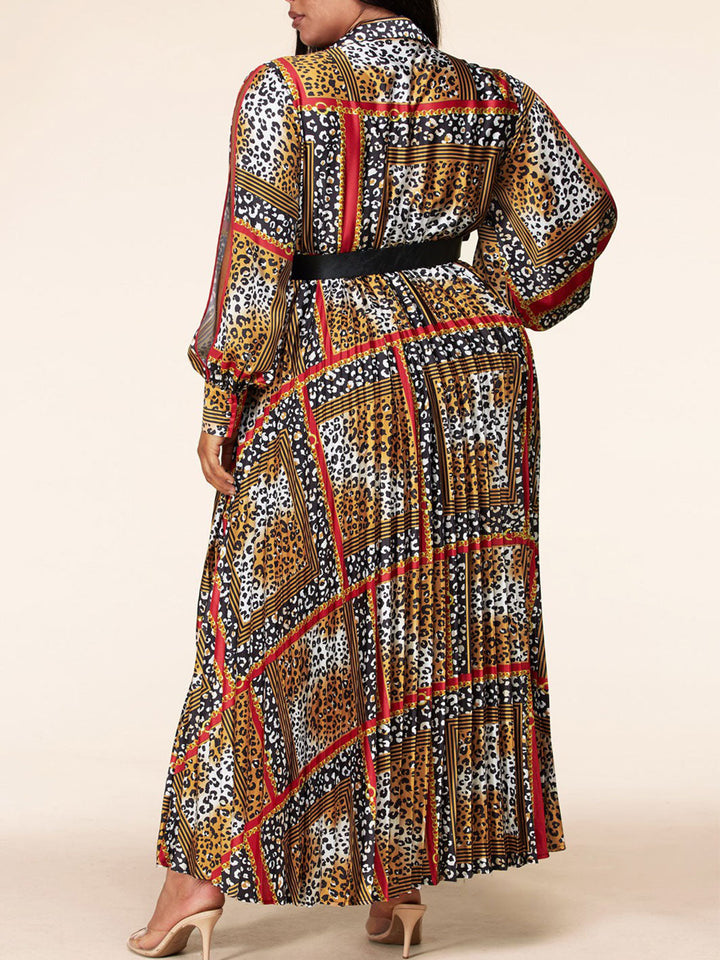 PLUS SIZE LONG SLEEVE MULTI PRINT WITH BELT MAXI DRESS
