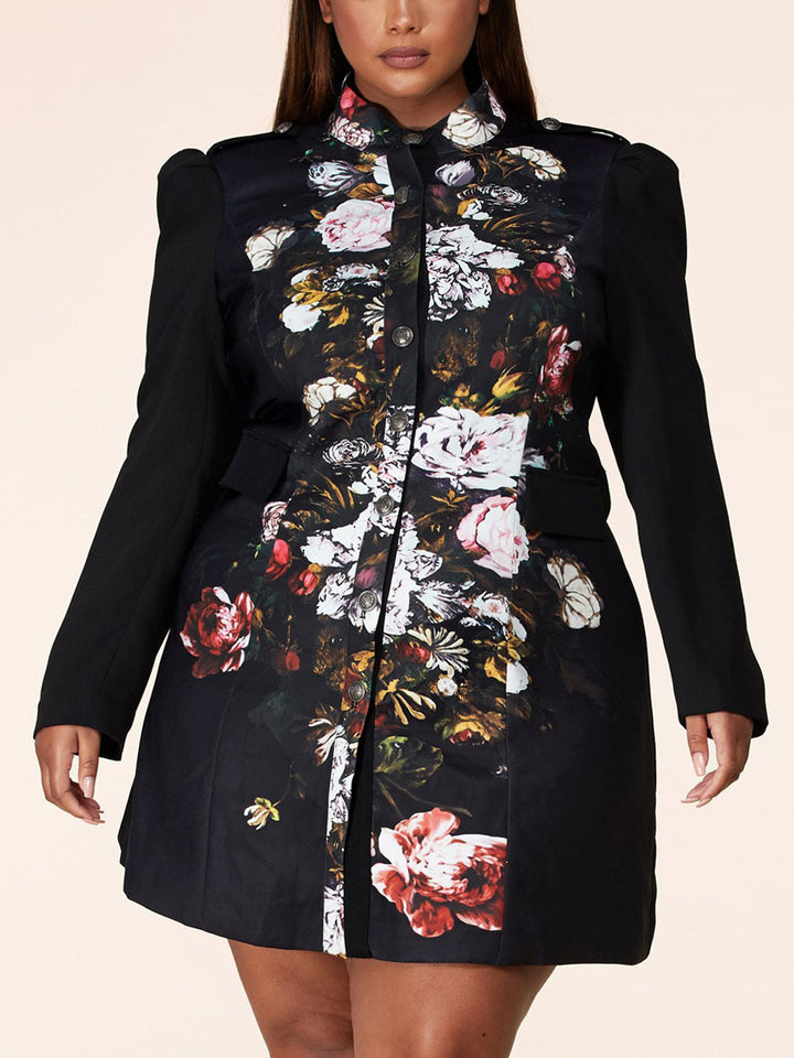 PLUS SIZE LONG SLEEVE BUTTON UP FLORAL MINI DRESS